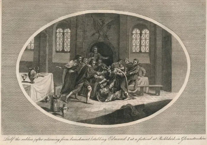 Framed Print : Leofa the robber stabbing Edmund I at a festival at Pucklekirk, Gloucestershire 946 (1793) Framed Print : Leofa the robber stabbing Edmund I at a festival at Pucklekirk, Gloucestershire 946 (1793)