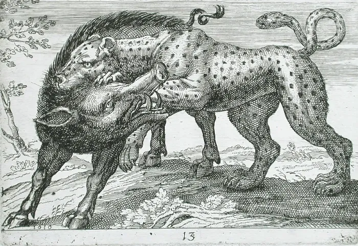 Framed Print : A Leopard Fighting a Boar, 1610. Creator: Hendrick Hondius I Framed Print : A Leopard Fighting a Boar, 1610. Creator: Hendrick Hondius I