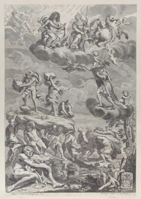 Framed Print : Leopold I of Austria as Jupiter with his wife enthroned in the clouds, looking down... ca. 1659-82. Creator: Mathaus Küsel