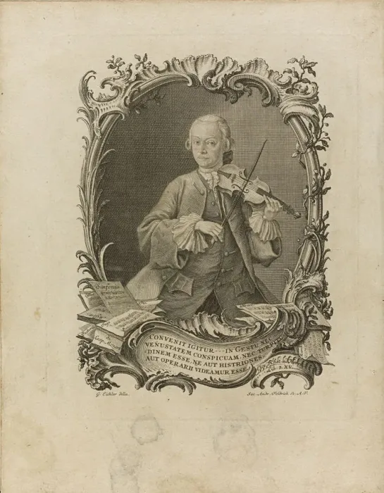 Framed Print : Leopold Mozart. Frontispiece of the Versuch einer grundlichen Violinschule, 1756. Artist: Friedrich (Fridrich), Jakob Andreas (1683-1751) Framed Print : Leopold Mozart. Frontispiece of the Versuch einer grundlichen Violinschule, 1756. Artist: Friedrich (Fridrich), Jakob Andreas (1683-1751)