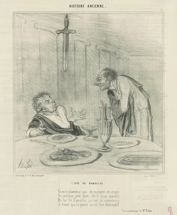 Framed Print : L'epee de Damocles, c1842. Creator: Honore Daumier. L'epee de Damocles, c1842. Creator: Honore Daumier Framed Print : L'epee de Damocles, c1842. Creator: Honore Daumier. L'epee de Damocles, c1842. Creator: Honore Daumier