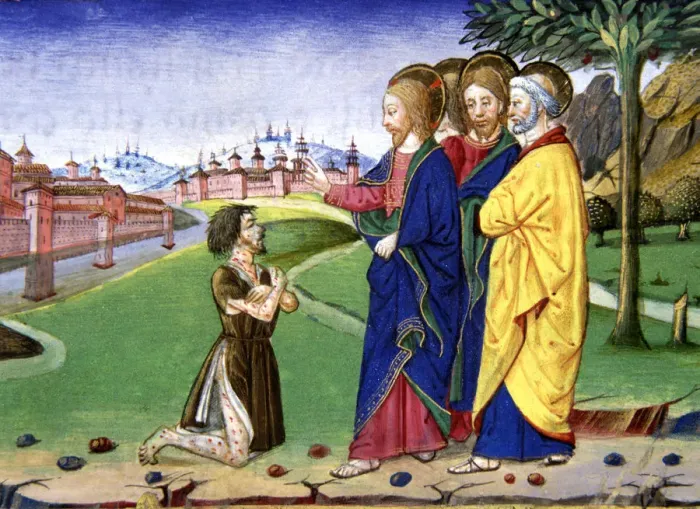 Framed Print : A leper approaches Jesus and asks him to cure the illness: Jesus agrees, miniature Framed Print : A leper approaches Jesus and asks him to cure the illness: Jesus agrees, miniature
