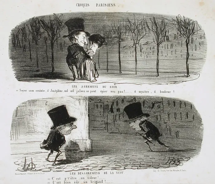 Framed Print : Les Agrémens du soir / Les Désagrémens de la nuit, 1853. Creator: Honore Daumier Framed Print : Les Agrémens du soir / Les Désagrémens de la nuit, 1853. Creator: Honore Daumier