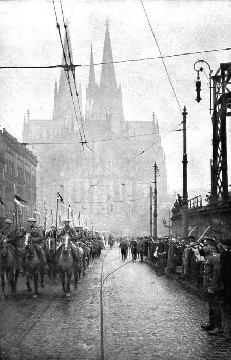 Framed Print : Les Anglais sur le Rhin; A Cologne, Le defile de la cavalerie britannique a Cologne... 1918. Creator: Jean Clair-Guyot Framed Print : Les Anglais sur le Rhin; A Cologne, Le defile de la cavalerie britannique a Cologne... 1918. Creator: Jean Clair-Guyot