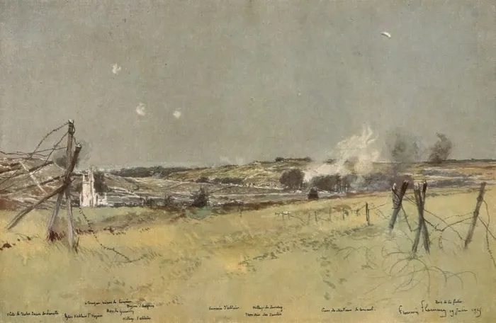 Framed Print : Les Batailles de l'Artois; L'Eglise d'Ablain et les Fonds de Souchez, 1915. Creator: Francois Flameng Framed Print : Les Batailles de l'Artois; L'Eglise d'Ablain et les Fonds de Souchez, 1915. Creator: Francois Flameng