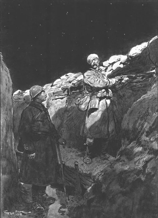 Framed Print : Les blesse au Creneau; Le Colonel, inspectant ses tranchees, une nuit d'alerte... 1916. Creator: Georges Bertin Scott. Les blesse au Creneau; Le Colonel, inspectant ses tranchees, une nuit d'alerte... 1916. Creator: Georges Bertin Scott Framed Print : Les blesse au Creneau; Le Colonel, inspectant ses tranchees, une nuit d'alerte... 1916. Creator: Georges Bertin Scott. Les blesse au Creneau; Le Colonel, inspectant ses tranchees, une nuit d'alerte... 1916. Creator: Georges Bertin Scott