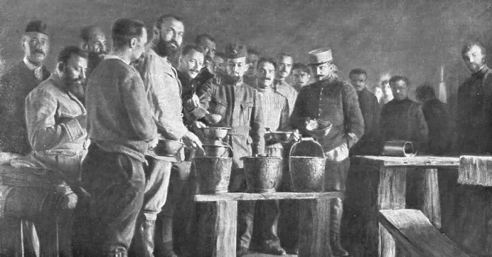 Framed Print : Les camps de represailles; les repas: la soupe, apportee dans des seaux de toilette, etait... 1916 Creator: Unknown Framed Print : Les camps de represailles; les repas: la soupe, apportee dans des seaux de toilette, etait... 1916 Creator: Unknown