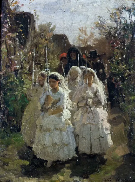 Framed Print : Les communiantes à Courrières, c.1855. Creator: Jules Breton Framed Print : Les communiantes à Courrières, c.1855. Creator: Jules Breton