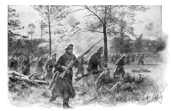 Framed Print : Les dernieres victoires Russes; Arrivant au terrain decouvert, les fantassins russes se dressent et Creator: Unknown Framed Print : Les dernieres victoires Russes; Arrivant au terrain decouvert, les fantassins russes se dressent et Creator: Unknown