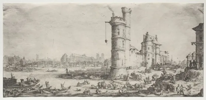 Framed Print : Les deux grandes vues de Paris: Vue du Pont Neuf, 1628-1630. Creator: Jacques Callot (French Framed Print : Les deux grandes vues de Paris: Vue du Pont Neuf, 1628-1630. Creator: Jacques Callot (French