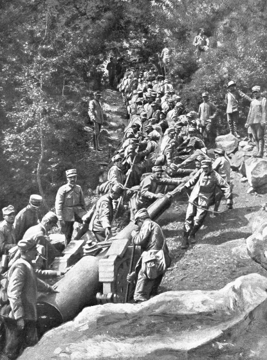 Framed Print : Les difficultes de la guetre en Montagne; une grosse piece halee a bras par 600 hommes, 1915. Creator: Robert Vaucher Framed Print : Les difficultes de la guetre en Montagne; une grosse piece halee a bras par 600 hommes, 1915. Creator: Robert Vaucher
