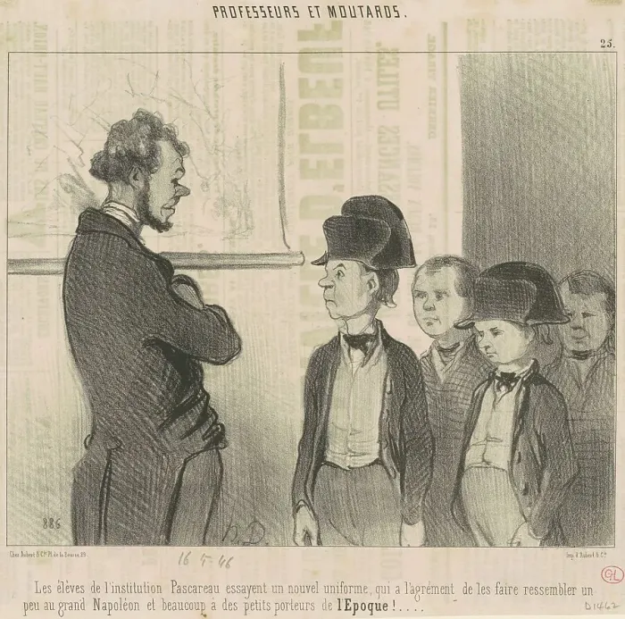 Framed Print : Les èleves de l'institution Pascareau essayent un nouvel uniforme... 19th century. Creator: Honore Daumier Framed Print : Les èleves de l'institution Pascareau essayent un nouvel uniforme... 19th century. Creator: Honore Daumier
