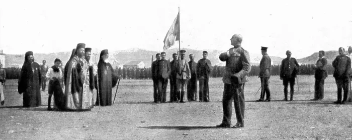 Framed Print : Les Evenements de Grece; La presentation de serment au roi Alexandre, sur le Champ... 1917. Creator: Unknown