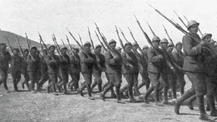 Framed Print : Les Evenements de Grece; L'armee de Salonique: un regiment cretois, equipe a la francaise... 1917. Creator: Robert Vaucher Framed Print : Les Evenements de Grece; L'armee de Salonique: un regiment cretois, equipe a la francaise... 1917. Creator: Robert Vaucher
