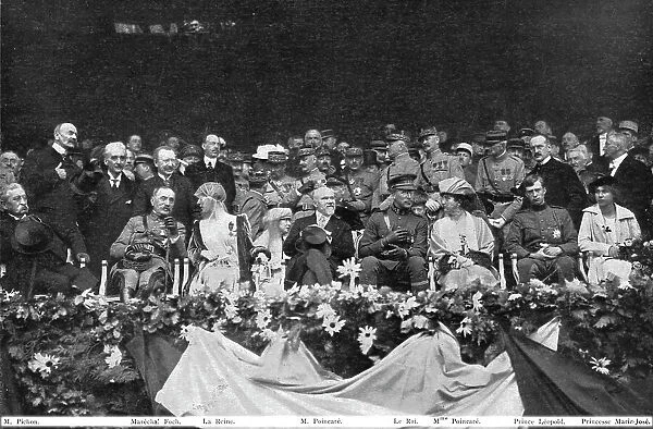 Les fetes de la victoire en Belgique; a Liege, le 24 juillet: la tribune officielle dressee...1919. Creator: Colin