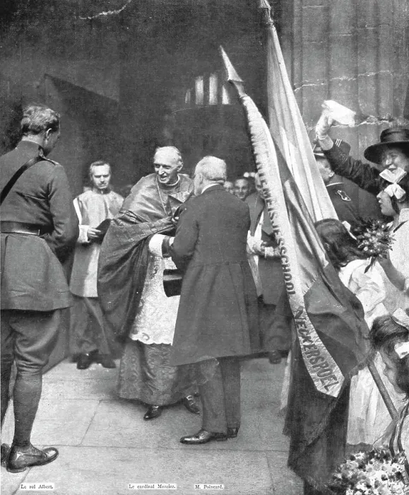 Framed Print : Les fetes de la victoire en Belgique; sous le porche de la Basilique de Malines, le... 1919. Creator: H Manuel