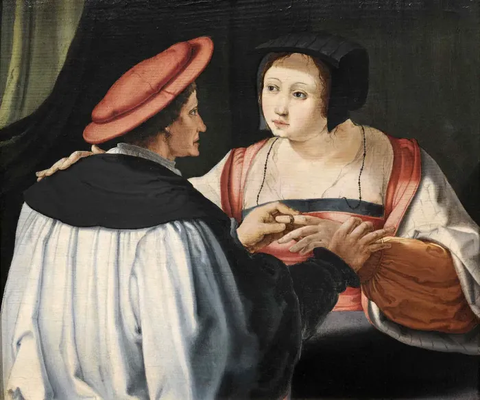 Framed Print : Les Fiances (The Fiances), c. 1525. Creator: Leyden, Lucas, van (1489 / 94-1533) Framed Print : Les Fiances (The Fiances), c. 1525. Creator: Leyden, Lucas, van (1489 / 94-1533)