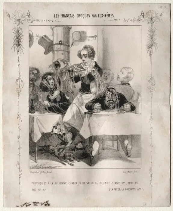 Framed Print : Les Francais croques par eux-memes: Perruques a la Julienne, Chapeaux