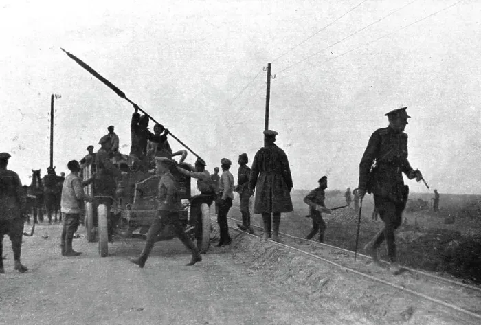Framed Print : Les Fuyards; Un auto camion emportant des soldats avec un drapeau est evacué par... 1917. Creator: Unknown Framed Print : Les Fuyards; Un auto camion emportant des soldats avec un drapeau est evacué par... 1917. Creator: Unknown
