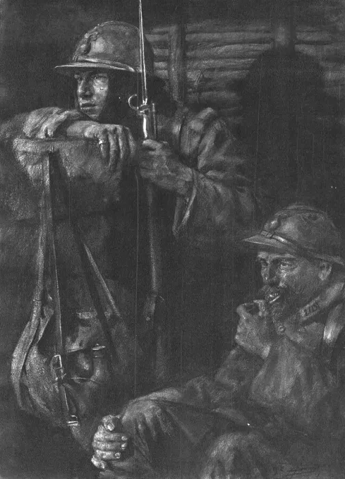 Framed Print : Les Guetteurs; on ne fume pas au poste d'ecoute, mais il est permis de macher sa pipe... 1916. Creator: Lucien Jonas Framed Print : Les Guetteurs; on ne fume pas au poste d'ecoute, mais il est permis de macher sa pipe... 1916. Creator: Lucien Jonas