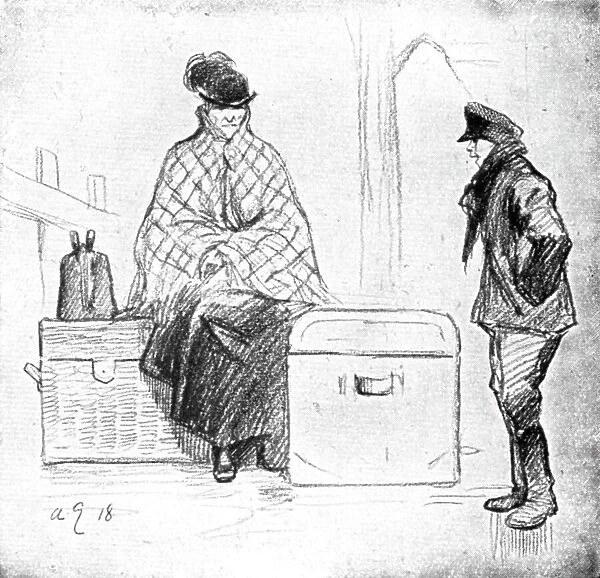 Les Indesirables; Immobilisee par ses excedents de bagages devant le pont de Kehl, 1918. Creator: Andre Galland