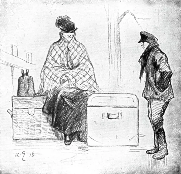 Framed Print : Les Indesirables; Immobilisee par ses excedents de bagages devant le pont de Kehl, 1918. Creator: Andre Galland