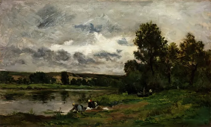 Framed Print : Les Laveuses, 1873. Creator: Charles Francois Daubigny Framed Print : Les Laveuses, 1873. Creator: Charles Francois Daubigny
