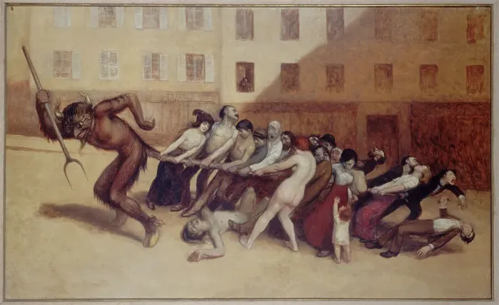 Framed Print : Les Parisiens tirant le diable par la queue, c1920. Creator: Jean Veber Framed Print : Les Parisiens tirant le diable par la queue, c1920. Creator: Jean Veber