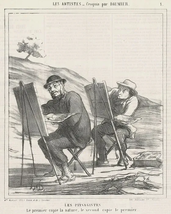 Framed Print : Les paysagistes. Le premier copie la nature, 19th century. Creator: Honore Daumier Framed Print : Les paysagistes. Le premier copie la nature, 19th century. Creator: Honore Daumier