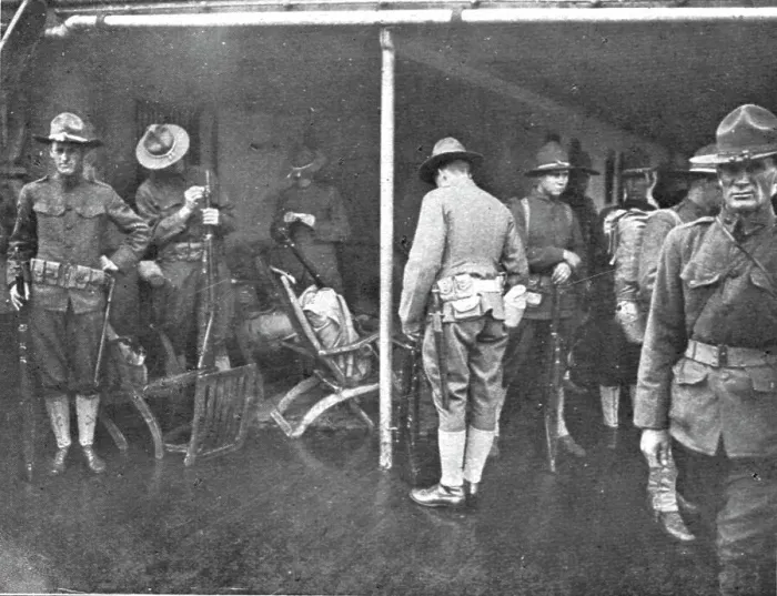 Framed Print : Les Premiers Contingents Americains en France; A bord d'un transport: soldats se preparent... 1917 Creator: Unknown Framed Print : Les Premiers Contingents Americains en France; A bord d'un transport: soldats se preparent... 1917 Creator: Unknown