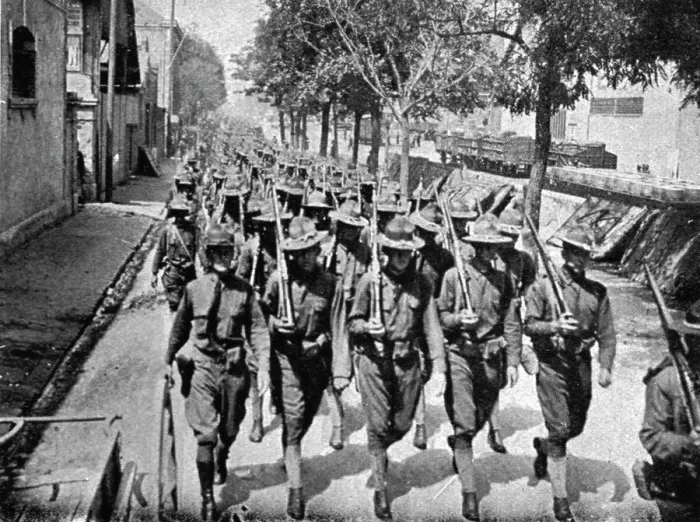 Framed Print : Les Premiers Contingents Americains en France; En route pour le cantonnement, 1917. Creator: Jean Clair-Guyot Framed Print : Les Premiers Contingents Americains en France; En route pour le cantonnement, 1917. Creator: Jean Clair-Guyot