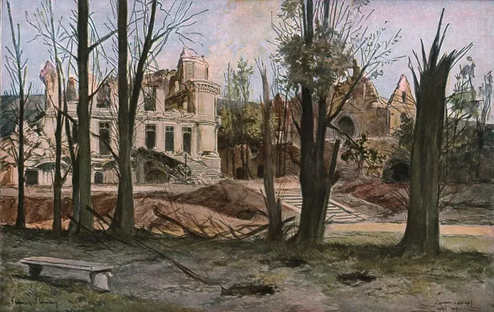 Framed Print : Les ruines du chateau de Soulir, pres de Vailly, au Sud-Ouest de Craonne 1917. Creator: Francois Flameng Framed Print : Les ruines du chateau de Soulir, pres de Vailly, au Sud-Ouest de Craonne 1917. Creator: Francois Flameng