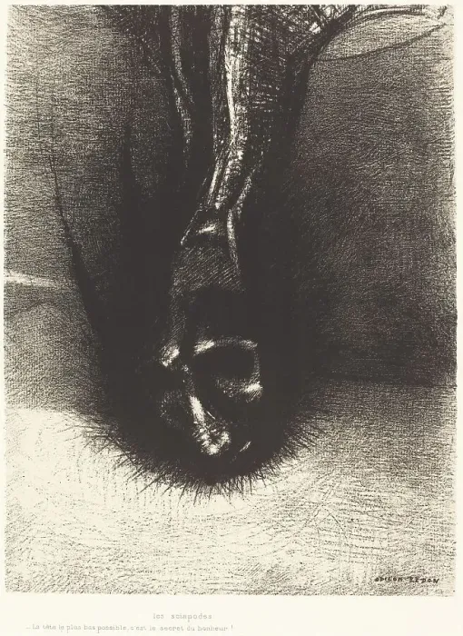 Framed Print : Les Sciapodes: La tete le plus bas possible, c'est le secret du bonheur! (The Skiapods...), 1889. Creator: Odilon Redon Framed Print : Les Sciapodes: La tete le plus bas possible, c'est le secret du bonheur! (The Skiapods...), 1889. Creator: Odilon Redon