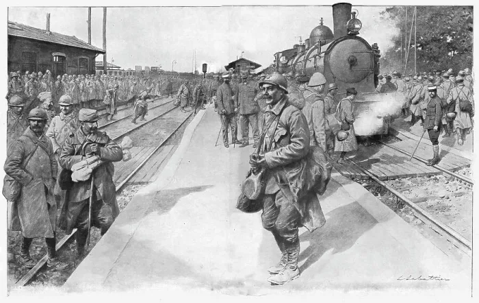 Framed Print : Les trains de permissionnaires, 1916. Creator: L Sabattier Framed Print : Les trains de permissionnaires, 1916. Creator: L Sabattier