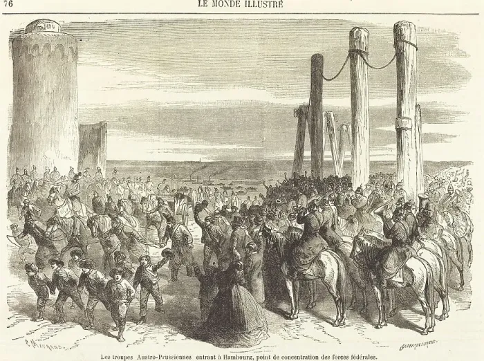 Framed Print : Les troupes Austro-Prussiennes entrant a Hambourg... [top half], published 1864. Creator: Charles Maurand