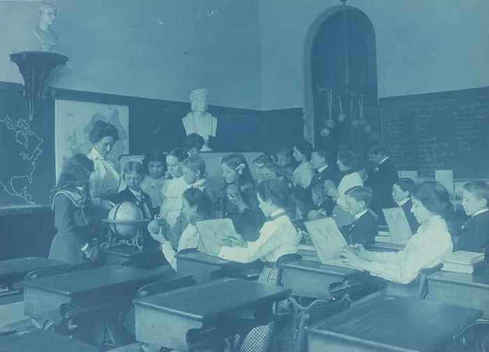 Framed Print : A lesson in globe making. Children in class in a Washington, D.C. school, 1899. Creator: Frances Benjamin Johnston Framed Print : A lesson in globe making. Children in class in a Washington, D.C. school, 1899. Creator: Frances Benjamin Johnston