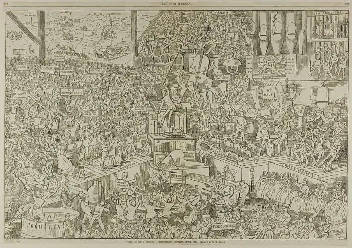 Framed Print : Let Us Have Peace! -Fortissimo, from Harper's Weekly, published June 19, 1869. Creator: Charles Green Bush Framed Print : Let Us Have Peace! -Fortissimo, from Harper's Weekly, published June 19, 1869. Creator: Charles Green Bush