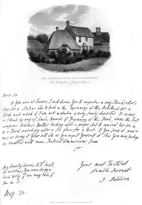 Framed Print : A letter from Addison, and a view of his birthplace, late 17th-early 18th century, (1840). Artist: Joseph Addison Framed Print : A letter from Addison, and a view of his birthplace, late 17th-early 18th century, (1840). Artist: Joseph Addison