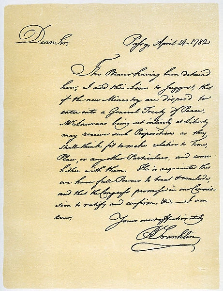 Letter from Benjamin Franklin to David Hartley MP, 14th April 1782. Artist: Benjamin Franklin