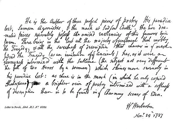 Part of a letter from Bishop Warburton, respecting the poems of Milton, 1737, (1840). Artist: William Warburton