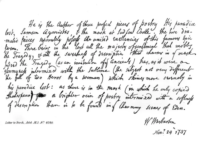 Framed Print : Part of a letter from Bishop Warburton, respecting the poems of Milton, 1737, (1840). Artist: William Warburton Framed Print : Part of a letter from Bishop Warburton, respecting the poems of Milton, 1737, (1840). Artist: William Warburton