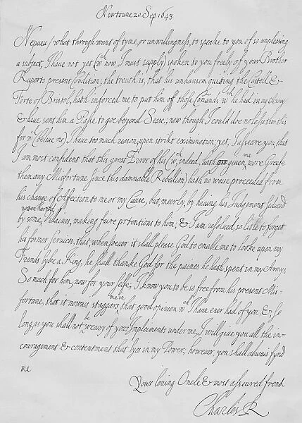 A letter from Charles I to his nephew Prince Maurice of the Palatinate dated September 1645. Artist: King Charles I
