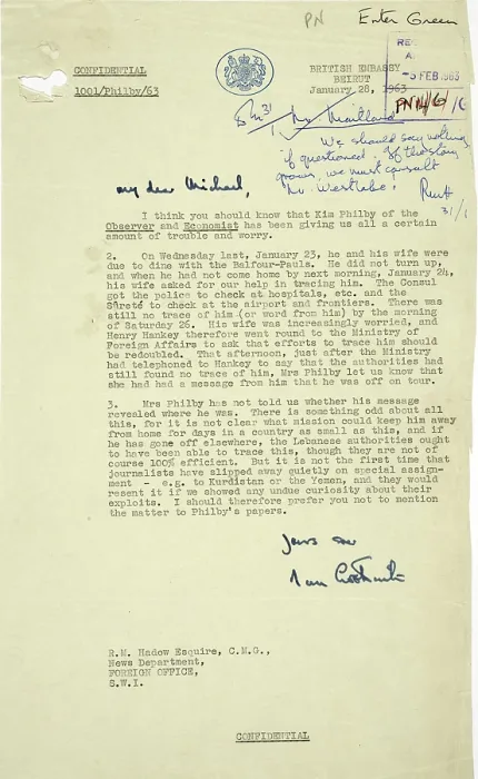 Framed Print : Letter on disappearance of MI6 agent Kim Philby on 23 January 1963. Creator: RM Hadow Framed Print : Letter on disappearance of MI6 agent Kim Philby on 23 January 1963. Creator: RM Hadow
