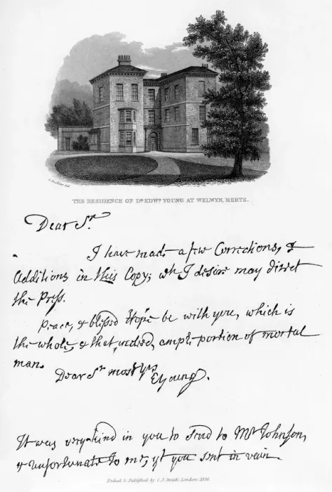 Framed Print : A letter from Edward Young, and a view of his residence at Welwyn, Hertfordshire, 1740s, (1840). Artist: Edward Young Framed Print : A letter from Edward Young, and a view of his residence at Welwyn, Hertfordshire, 1740s, (1840). Artist: Edward Young