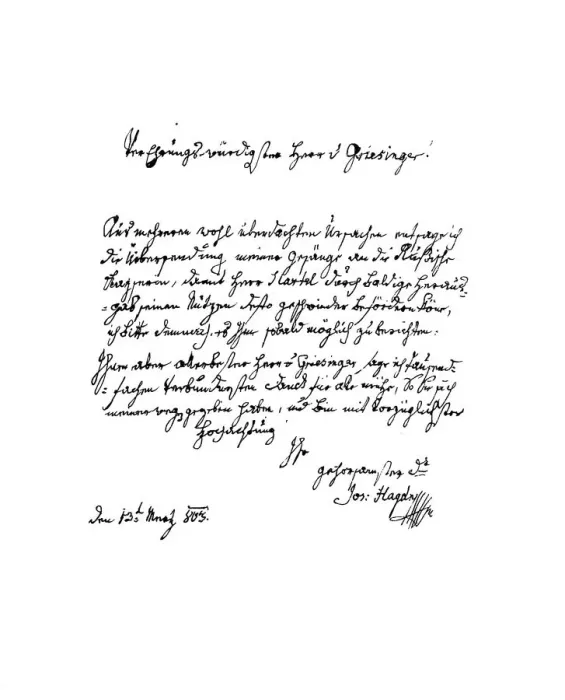 Framed Print : Letter by Francis Joseph Haydn to Herr von Griesinger, 1803 (1865). Artist: Frederick George Netherclift Framed Print : Letter by Francis Joseph Haydn to Herr von Griesinger, 1803 (1865). Artist: Frederick George Netherclift