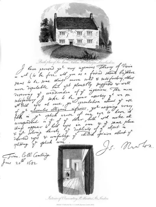 Framed Print : A letter from Isaac Newton, and a view of his birthplace at Woolsthorpe, Lincolnshire, 1682, (1840). Artist: Isaac Newton Framed Print : A letter from Isaac Newton, and a view of his birthplace at Woolsthorpe, Lincolnshire, 1682, (1840). Artist: Isaac Newton