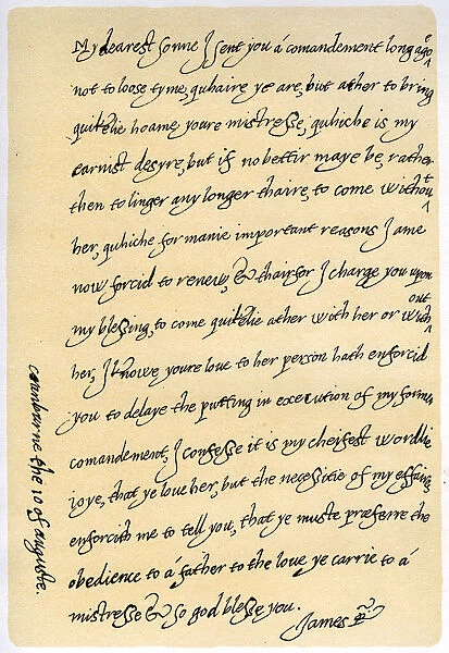 Letter from James I to his son, Charles, Prince of Wales, 10th August 1623. Artist: King James I