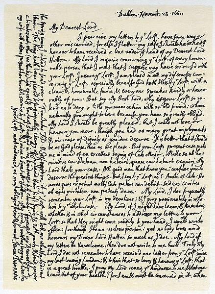 Letter from Jeremy Taylor to Lord Hatton, 23rd November 1661.Artist: Jeremy Taylor