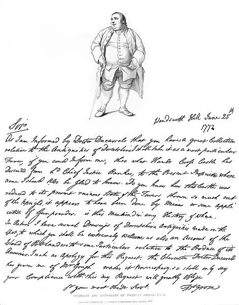 A letter and portrait of Francis Grose, 1772, (1840). Artist: Francis Grose