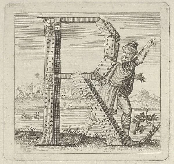 The letter R, constructed from a court pack of playing cards, stands on a riva (ri... 18th century. Creator: Anon)